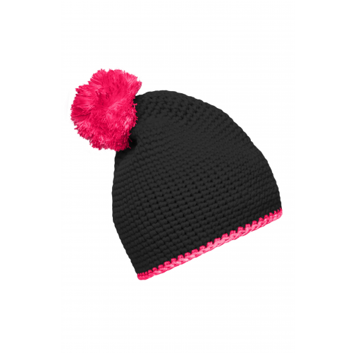 Pompon Hat with Contrast Stripe