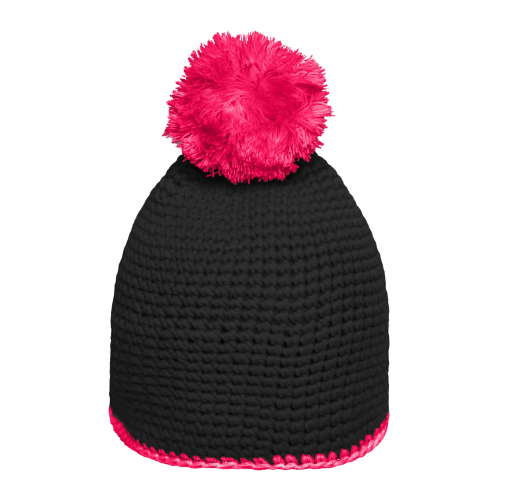 Pompon Hat with Contrast Stripe