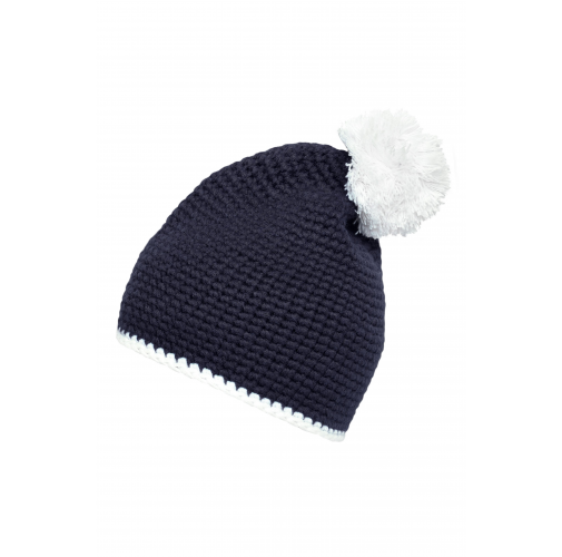 Pompon Hat with Contrast Stripe