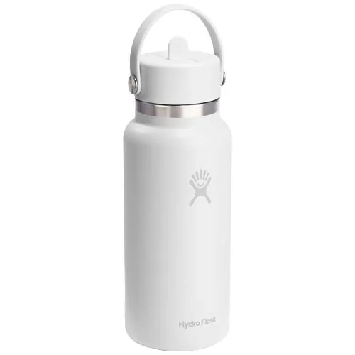 negro intenso Botella de agua Hydro Flask de acero inoxidable con aislamiento térmico y boca ancha de 946 ml, con tapón con pajita