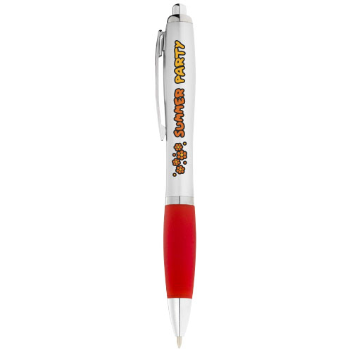 Bolígrafo plateado con empuñadura de color 
