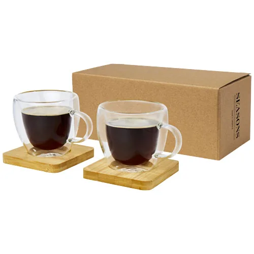 DOS TAZAS DE VIDRIO DE DOBLE PARED DE 100 ML CON POSAVASOS DE BAMBÚ 