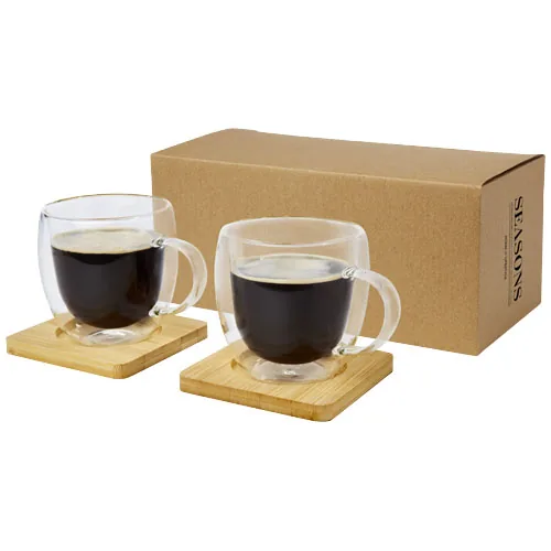 DOS TAZAS DE VIDRIO DE DOBLE PARED DE 250 ML CON POSAVASOS DE BAMBÚ 