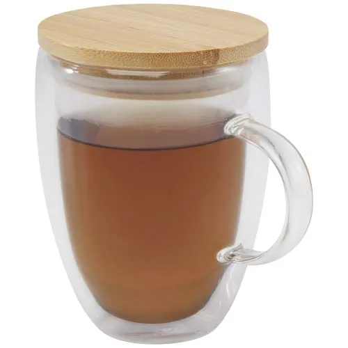 Taza de vidrio de 350 ml con tapa de bambú 
