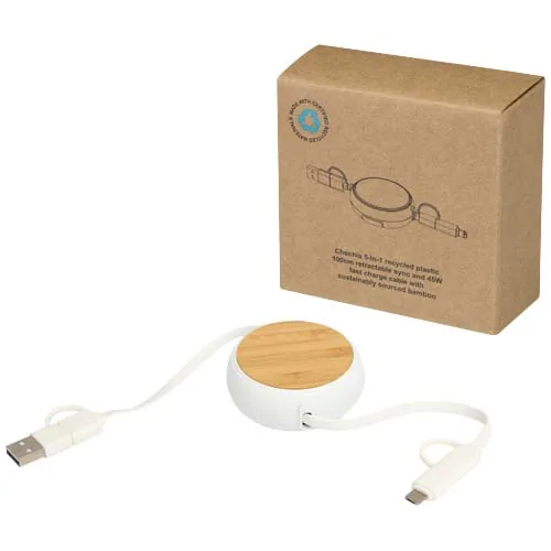 CABLE RETRÁCTIL 5 EN 1 DE PLÁSTICO RECICLADO DE 100 CM PARA SINCRONIZACIÓN DE DATOS Y CARGA RÁPIDA DE 45 W CON DETALLES DE BA