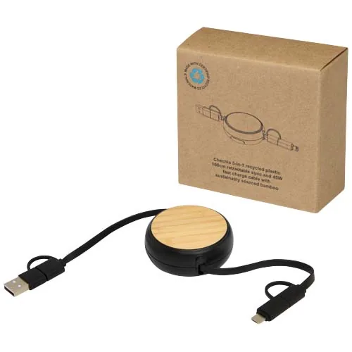 Cable retráctil 5 en 1 de plástico reciclado de 100 cm para sincronización de datos y carga rápida de 45 W con detalles de ba