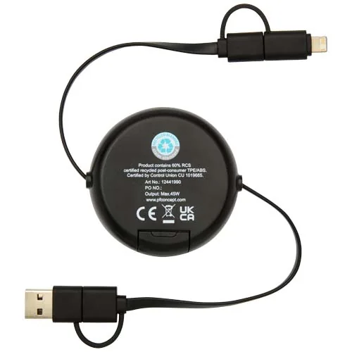 Cable retráctil 5 en 1 de plástico reciclado de 100 cm para sincronización de datos y carga rápida de 45 W con detalles de ba