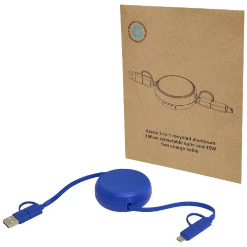 Cable retráctil 5 en 1 de 100 cm de plástico reciclado y aluminio para sincronización de datos y carga rápida de 45 W 