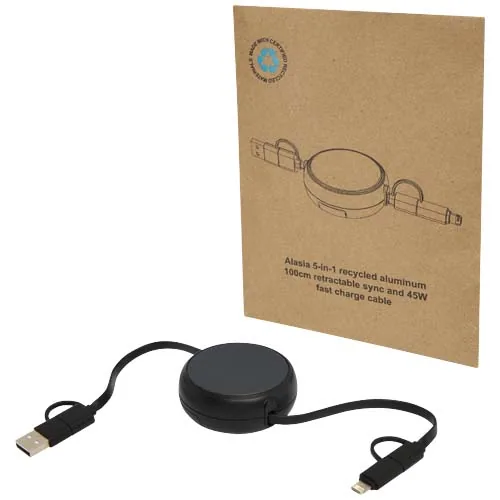 Cable retráctil 5 en 1 de 100 cm de plástico reciclado y aluminio para sincronización de datos y carga rápida de 45 W 