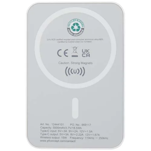 Batería externa inalámbrica magnética de 5000 mAh y 15 W con PD de 20 W fabricada con plástico reciclado 