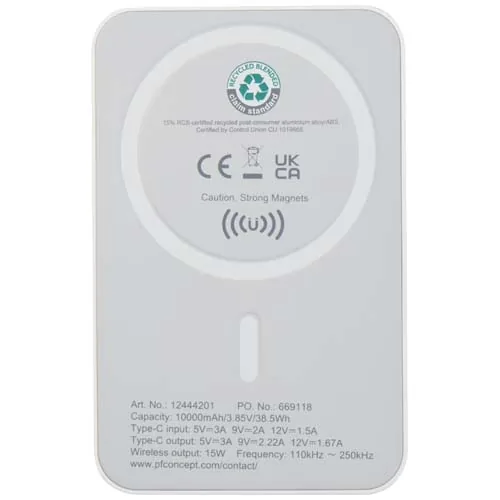 Batería externa inalámbrica magnética de 10 000 mAh y 15 W con PD de 20 W fabricada con plástico reciclado 