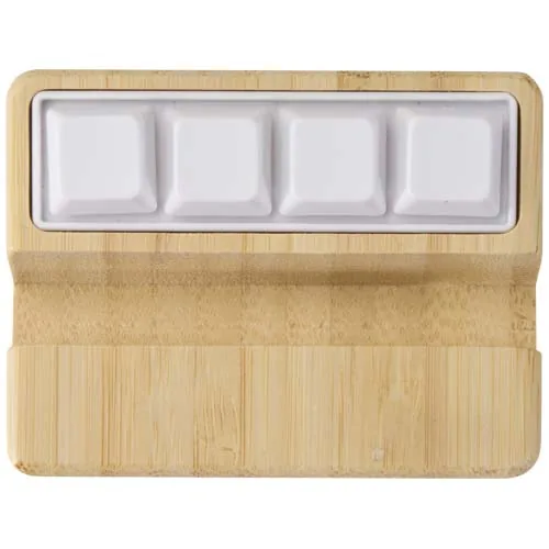 Soporte para teléfono de plástico reciclado con juguete y detalles de bambú 