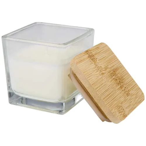 VELA CUADRADA EN SOPORTE DE VIDRIO CON TAPA DE BAMBÚ