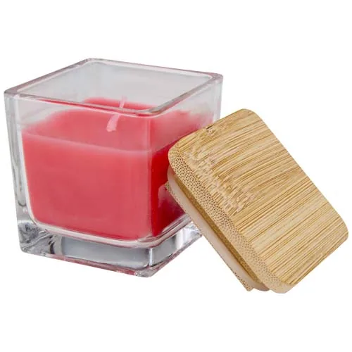 rojo Vela cuadrada en soporte de vidrio con tapa de bambú
