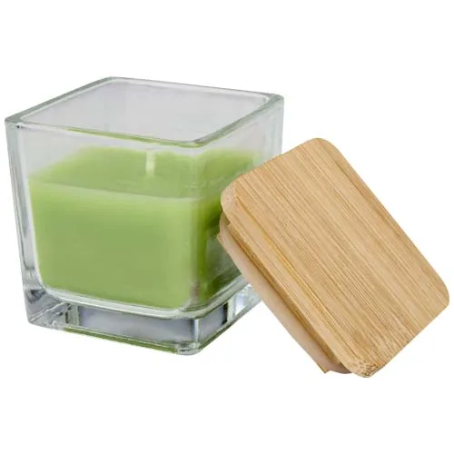 verde oasis Vela cuadrada en soporte de vidrio con tapa de bambú