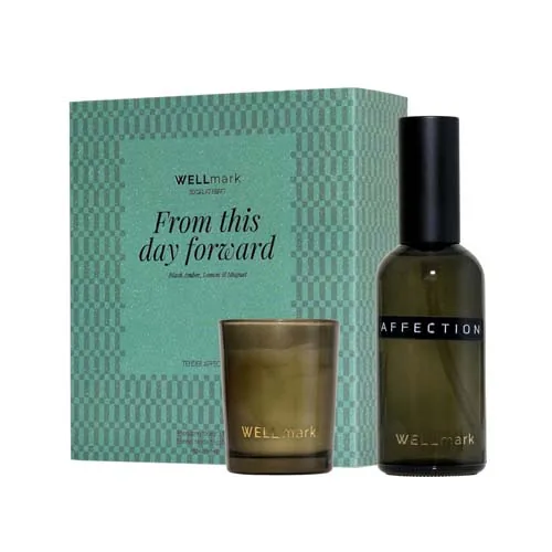 SET DE REGALO DE WELLMARK CON UN AMBIENTADOR DE 100 ML Y UNA VELA TENDER AFFECTION DE 70 ML