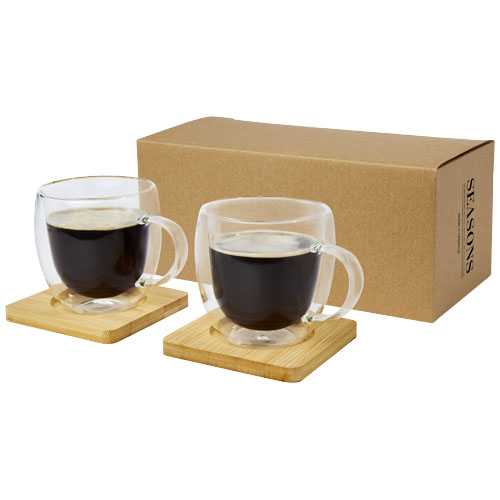 Dos tazas de vidrio de doble pared de 250 ml con posavasos de bambú 