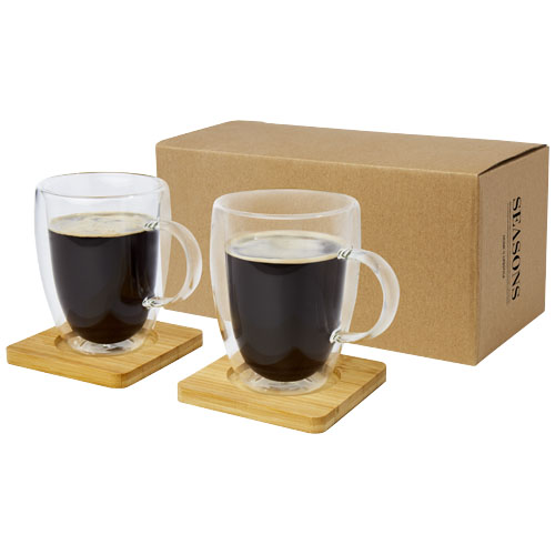 Dos tazas de vidrio de doble pared de 350 ml con posavasos de bambú 