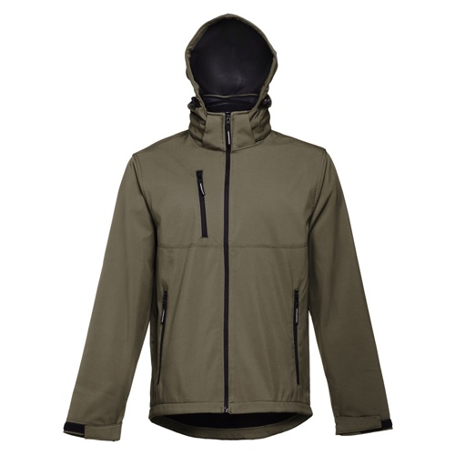 verde militar THC ZAGREB. Chaqueta softshell para hombre, con capucha removible