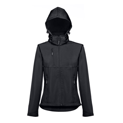 black THC ZAGREB WOMEN. Chaqueta softshell para mujer, con capucha removible