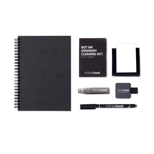 STARTER KIT INFINITEBOOK A5 PLANNER TEXTURE. Kit compuesto por «Infinitebook» con tapa dura, 1 kit de limpieza, 1 rotulador y 1 soporte para bolígrafo