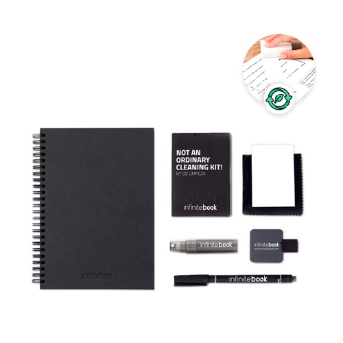 STARTER KIT INFINITEBOOK A5 PLANNER TEXTURE. KIT COMPUESTO POR «INFINITEBOOK» CON TAPA DURA, 1 KIT DE LIMPIEZA, 1 ROTULADOR Y 1 SOPORTE PARA BOLÍGRAFO