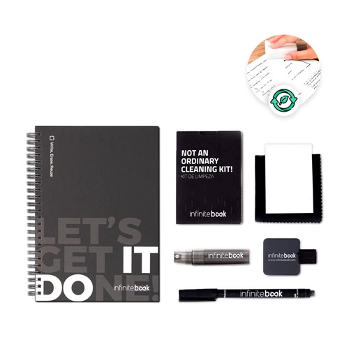 STARTER KIT INFINITEBOOK. KIT «INFINITEBOOK» CON TAPA DURA, 1 KIT DE LIMPIEZA, 1 ROTULADOR Y 1 SOPORTE PARA BOLÍGRAFO