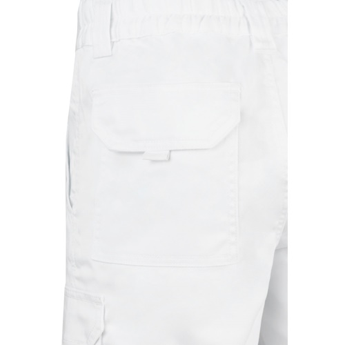 white VL HEBE. Bermudas elásticas multibolsillos (240g/m²), en algodón (46%), EME (38%) y poliéster (16%)