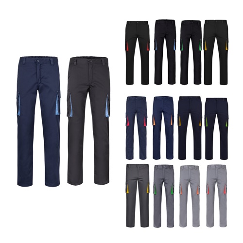 VL FIDES. PANTALÓN ELÁSTICO BICOLOR MULTIBOLSILLOS (240G/M²), EN ALGODÓN (46%), EME (38%) Y POLIÉSTER (16%)