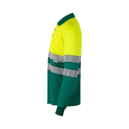 green VL VULCAN. Polo bicolor ojo de pájaro (160g/m²) con manga larga, en poliéster (100%)
