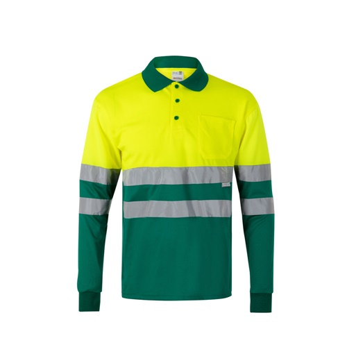 verde VL VULCAN. Polo bicolor ojo de pájaro (160g/m²) con manga larga, en poliéster (100%)