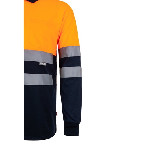 azul marino VL VULCAN. Polo bicolor ojo de pájaro (160g/m²) con manga larga, en poliéster (100%)