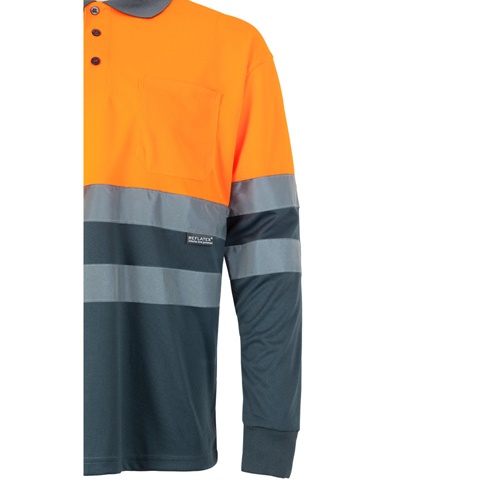 gray VL VULCAN. Polo bicolor ojo de pájaro (160g/m²) con manga larga, en poliéster (100%)