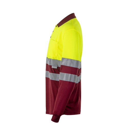 burdeos VL VULCAN. Polo bicolor ojo de pájaro (160g/m²) con manga larga, en poliéster (100%)