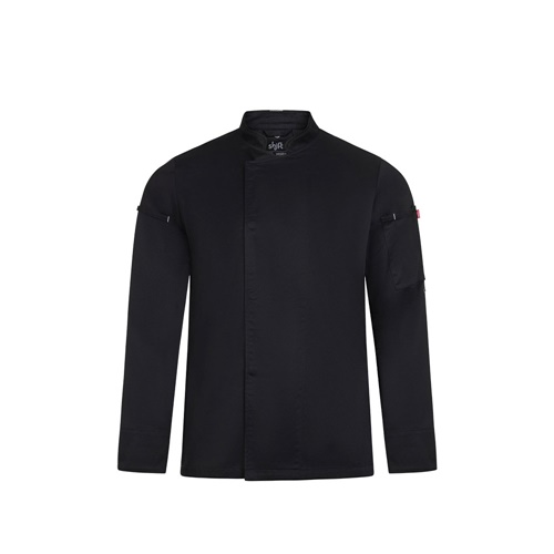 negro VL AGNI. Chaqueta de cocina unisex (190 g/m²) fabricada con algodón (35 %) y poliéster reciclado (65 %)