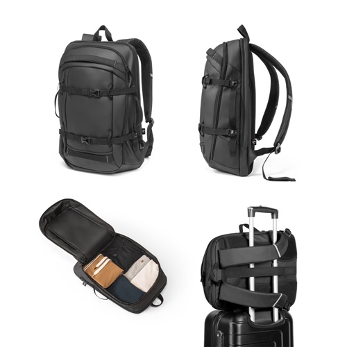 KAMPALA. MOCHILA PARA PORTÁTIL EN POLIÉSTER RECICLADO DE ALTA DENSIDAD 900D, CON REVESTIMIENTO RESISTENTE AL AGUA Y FORRO DE POLIÉSTER RECICLADO 210D 17'3