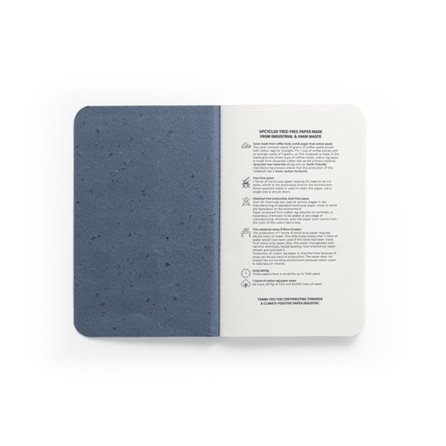 blue COFFEEPAD SOFT. Bloc de notas A6 con tapa flexible fabricado con residuos de cascarilla de café (65%)
