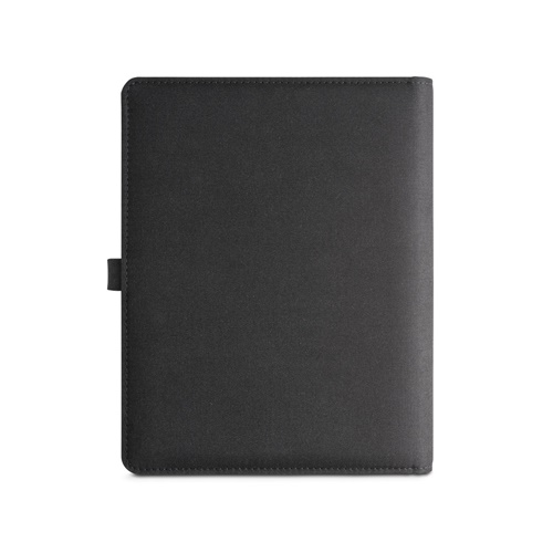 black EMERGE A5 FOLDER. Carpeta tamaño A5 hecha en poliéster reciclado (100% rPET) 300D con cargador inalámbrico incorporado