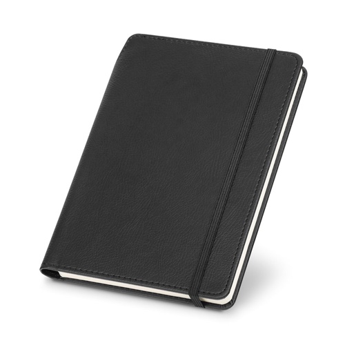 black MORIAH. Bloc de notas A5 en PU con hojas rayadas, fabricado con material certificado FSC™ y otros materiales controlados