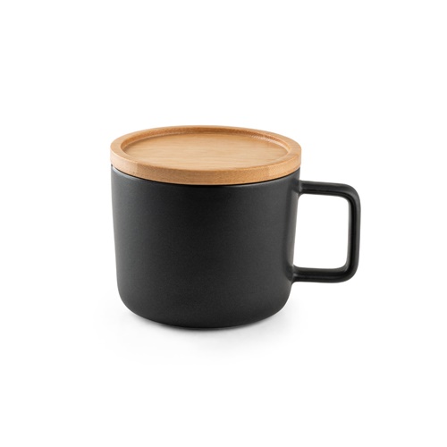 negro FANGIO. Taza de cerámica con tapa y base de bambú de 220 mL