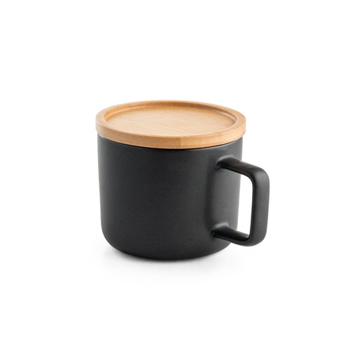 negro FANGIO. Taza de cerámica con tapa y base de bambú de 220 mL