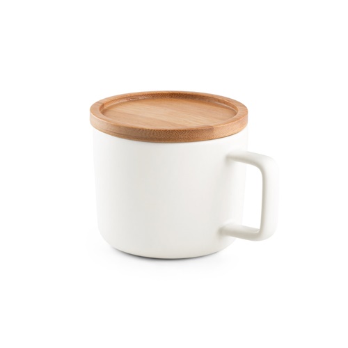 blanco FANGIO. Taza de cerámica con tapa y base de bambú de 220 mL