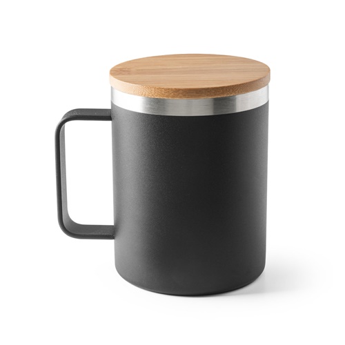 LAUDA. Taza de acero inoxidable 90% reciclado con tapa de bambú 420 mL
