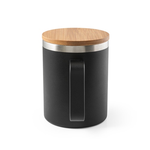 black LAUDA. Taza de acero inoxidable 90% reciclado con tapa de bambú 420 mL
