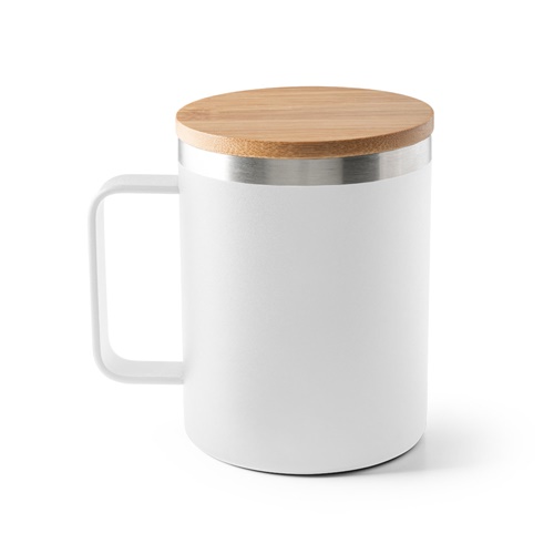 LAUDA. Taza de acero inoxidable 90% reciclado con tapa de bambú 420 mL