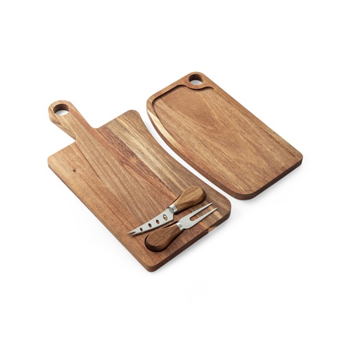 natural oscuro CASSIA. Tabla para quesos de madera de acacia con mango, fabricada con material certificado FSC™ y otros materiales controlados