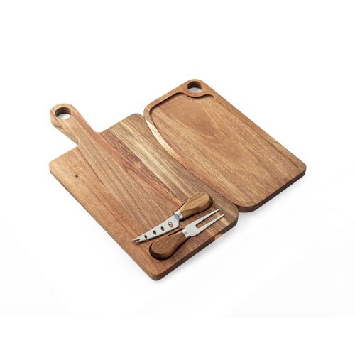 natural oscuro CASSIA. Tabla para quesos de madera de acacia con mango, fabricada con material certificado FSC™ y otros materiales controlados