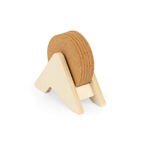 PLYCORK. Soporte de madera contrachapada con 6 posavasos de corcho