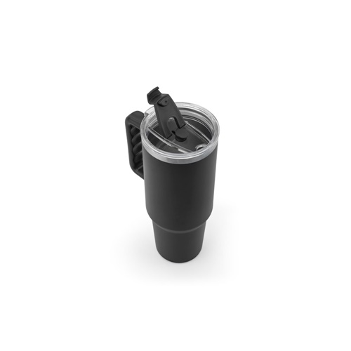 black JOYNER XL. Vaso de viaje grande de acero inoxidable (91 % reciclado) con aislamiento al vacío de doble pared y acabado mate de 1300 ml