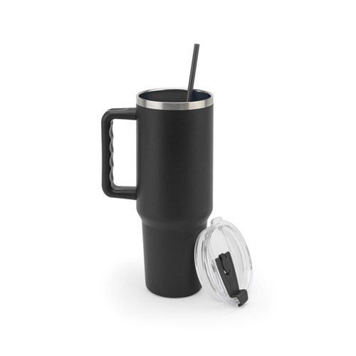black JOYNER XL. Vaso de viaje grande de acero inoxidable (91 % reciclado) con aislamiento al vacío de doble pared y acabado mate de 1300 ml